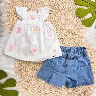 Conj. Batinha Bichinhos do Mar em Linho e Short Jeans - Branco e Azul